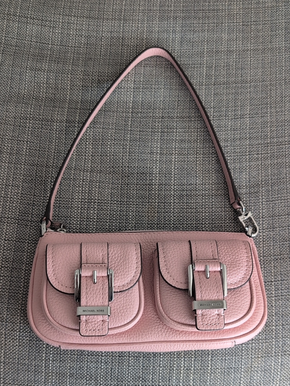 Michael Kors Blush Pink Pebbled Leather Shoulder Bag with Front Buckle Pockets